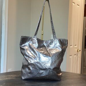 Carlos Falchi Metallic Silver Microfiber Medium Tote
